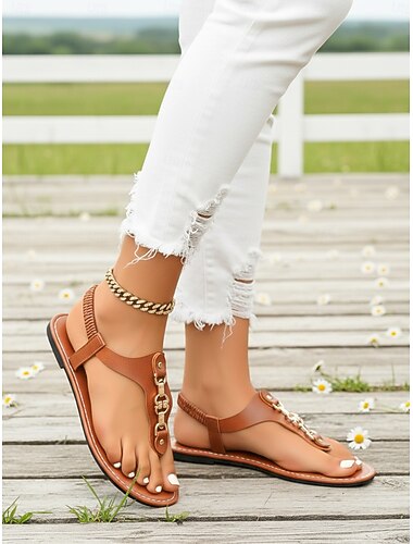  Sandalias planas con tira en T de color marrón claro para mujer: diseño minimalista con banda elástica, sandalias casuales ligeras para salidas de verano, vacaciones, paseos informales y uso diario.