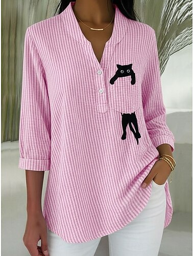  Dame Skjorte Grafisk Årgang Stilfuld Langærmet V-hals Blå Lyserød Grå Sommer Forår