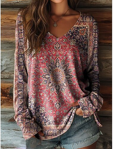  Camiseta Boho Feminina Floral Gráfica Plantas Vintage Estilosa Casual Manga Longa Decote em V Tops Regulares Impressão Diária Fim de Semana Azul Preto Vermelho Verão Primavera