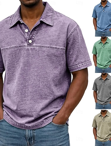  Herren Acid-Wash-Shirt Baumwoll-Poloshirt Lässig Geschäft Gerippter Polokragen Kurzarm Mode Basic Einfarbig Farbblock Knöpfe Gewaschen Sommer Frühling Frühling & Herbst Normale Passform Schwarz