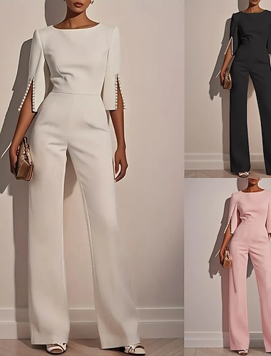  Damen Normal Overall Elegant Einfarbig Halbarm Weites Bein Rundhals Hohe Taille Büro Arbeit Normale Passform Schwarz Weiß Rosa Sommer