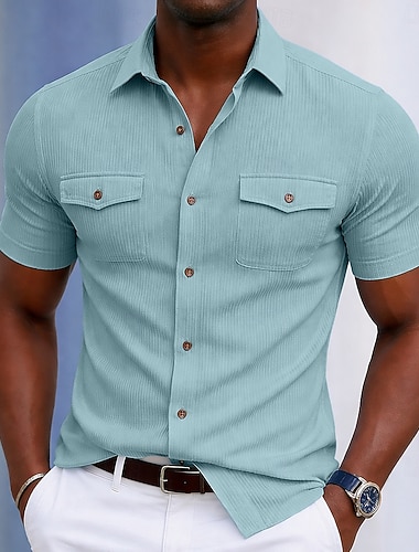  Herren Hemd Freizeithemd Cordhemd Knopfhemd Schwarz Weiß Gelb Marineblau Braun Kurzarm Einfach Texture Hemdkragen Lässig Täglich Fronttasche Bekleidung Elegant Mode Lässig