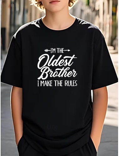  100% Algodão Infantil Para Meninos Azul Preto Branco Texto Camisa Blusa Gola Redonda Manga Curta Ao ar livre Dia a Dia Moda Roupa de rua Designer Estampado Verão