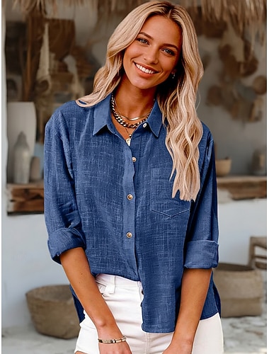  Dames Overhemd Blouse 100% Katoen Zak Knop Effen Vintage Casual Lange mouw Overhemdkraag Normale tops Dagelijks Feestdagen Uitgaan Zwart Wit Blozend Roze Leger Groen Marineblauw Zomer Lente