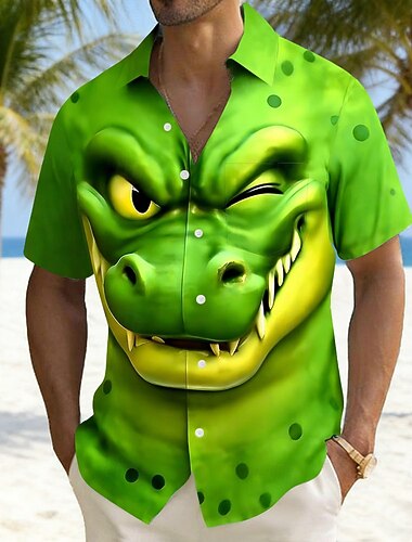  Homme Dessin animé Crocodile Clin d'œil Chemise Chemises hawaïennes Chemise Aloha Manche Courte Hawaïen Drôle Vacances Fête Été Col Rabattu Impression 3D Une poche avant Chemise en lin Violet Vert