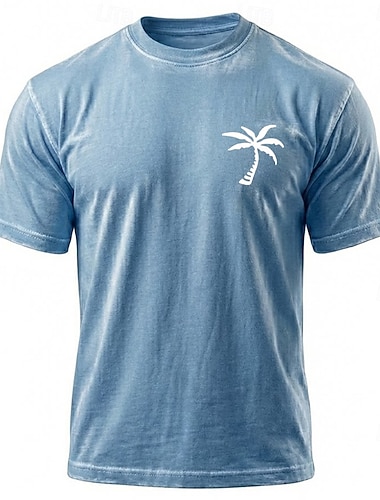  Mineralvasket t-skjorte med slitt mønster, palmetregrafikk, blå, vintage-t-skjorte i bomullsblanding, klær, s, m, xl, xxl, xxxl