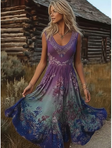  Damen Midi Kleid Boho Wikinger Sonnenkleid A-Linien Kleid Slip Kleid Plissee Kleid Urlaub Lässig Strand Reguläre Passform Florales Grafik Ethnisch Ärmellos V-Ausschnitt U-Ausschnitt Lila Sommer