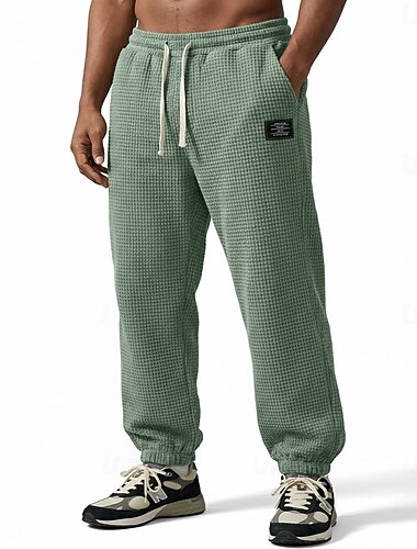  Homens Waffle Corredores Calças Calça casual Calça Waffle Com Cordão Côr Sólida Conforto Comprimento total Casual Diário Ao ar livre Férias Moda Preto Verde Tropa Com Stretch