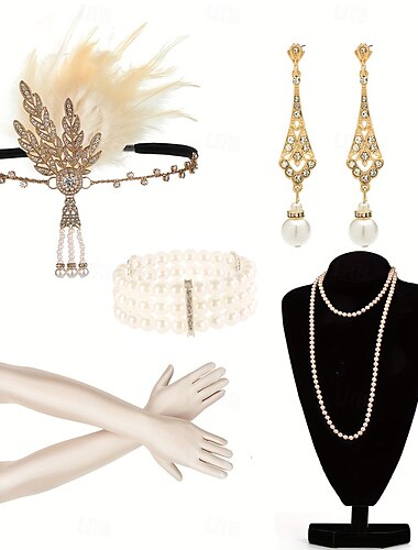  1920s Diadema de estilo flapper El gran Gatsby Sin Cuello Disfraz Mujer Carnaval Mascarada Ropa de fiesta de noche Mascarada Adulto 1 Par de Pendientes 1 Brazalete Guantes Todas las Temporadas