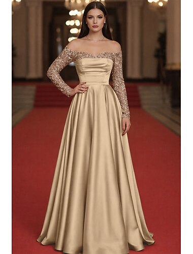  Ballkleid Bodenlange Schleppe Bodenlang Abiballkleider Abendkleid Ballkleid Festliche Kleidung Sexy Glanz & Glamour Dreiviertelarm Schulterfrei Verlobung Hochzeitsempfang Satin mit Paillette
