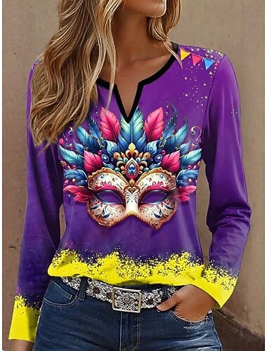  Carnaval Mardi gras Dames T-shirt Afdrukken Grafisch Geometrisch Vintage Stijlvol Klassiek Lange mouw V-hals Gekerfde nek Normale tops Dagelijks Weekend Geel Paars Groen Lente Winter