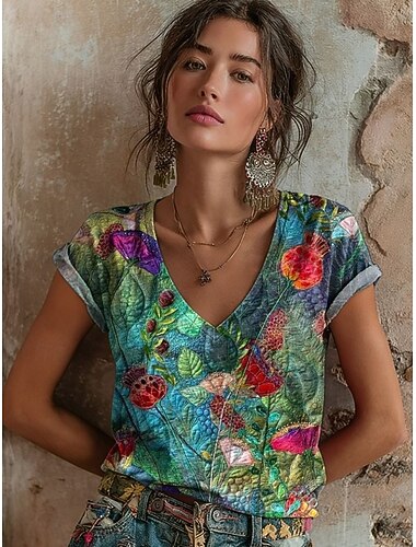  Women's T Shirt Print Floral Graphic Vintage Stylish Classic Short Sleeve V Neck Regular Tops Daily Blue Yellow Fuchsia Summer Spring
