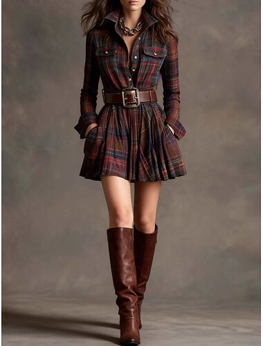  Per donna Mini Abito Abito scozzese Abito Camicia Abito Boho Vintage Moda All'aperto Vacanza Ferie Vestibilità regolare Plaid Manica Lunga Colletto a Camicia Bianco Verde scuro Marrone Blu scuro