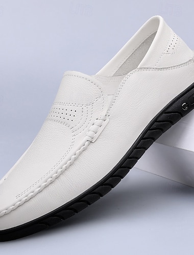  Zapatos mocasín blancos para hombre, piel sintética auténtica, diseño transpirable, estilo clásico, cómodos para uso informal.