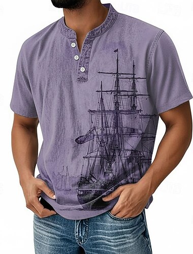  男性用 航海 ヨット Tシャツ ヘンリーシャツ 半袖 デザイナー レトリ／ヴィンテージ トレンディー カジュアル 日常 ストリート 夏 春 オールシーズン ピンク パープル スカイブルー カーキ色 ヘンリー ヘンリーTシャツ