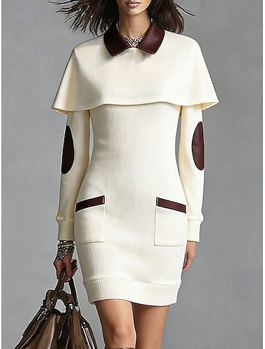  Dame Mini kjole Genserkjole Tubekjole Skiftkjole Elegant Mote Moderne Daglig utendørs Feriereise Normal Fargeblokk Langermet Skjortekrage Beige Høst Vinter