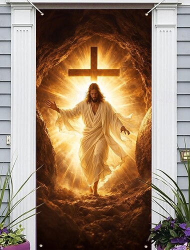  Ostertürdekoration mit strahlendem Jesus, der aus dem Grab und dem Kreuz aufsteigt, christliche Dekoration für das Osterfest, perfekt für die Karwoche und die Frühlingsfeiertage.