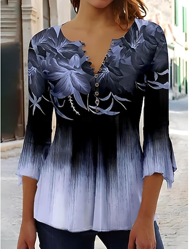  Pasen Dames T-Shirt Ombre Bloemen Graphic Elegant Vintage Stijlvol 3/4 Mouw V-hals Reguliere Tops Dagelijks Uitgaan Knoppen Blauw Roze Rood Groen Zomer Lente