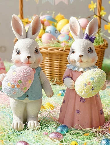  Osterhasenfigur aus Kunstharz, niedliche Cartoon-Hasenfigur, handgefertigte Osterdekoration aus Kunstharz für Zuhause, Tisch und Garten &Gartendekoration