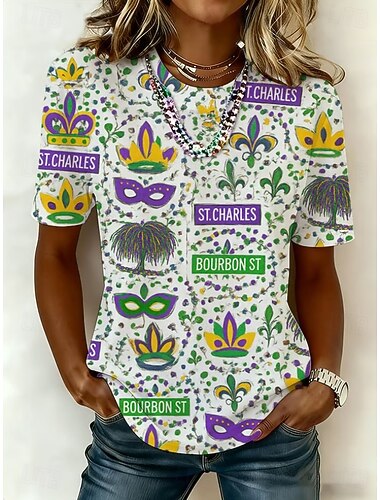  Carnaval Mardi gras Dames T-shirt Afdrukken Grafisch Vintage Modieus Stijlvol Korte mouw Strakke ronde hals Normale tops Dagelijks Lichtgroen Paars Groen Zomer Lente