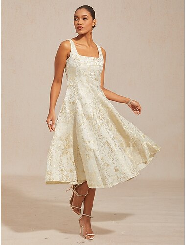  نسائي فستان ميدي فستان شيث أنيق الرسم بدون كم رقبة مربعة شامبانيا