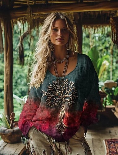  Naisten Boho VIKING T-paita T-paita Tee Top Floral Bohemia Vintage Etninen Pitkät hihat Pyöreä pääntie Normaali paidat Päivittäinen Viikonloppu Lomapukeutuminen Printti Sininen Punainen Violetti