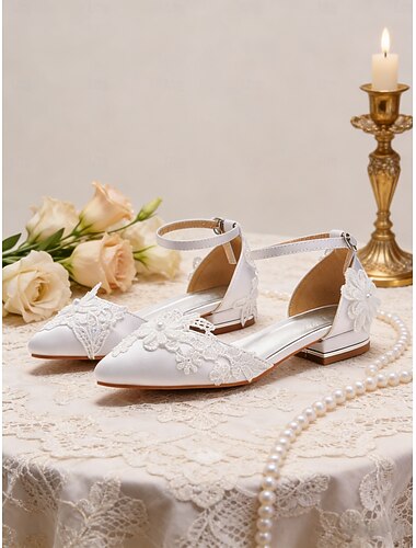  Witte kanten ballerina's met enkelbandje voor dames, elegante bruidsschoenen voor kerkelijke bruiloften.