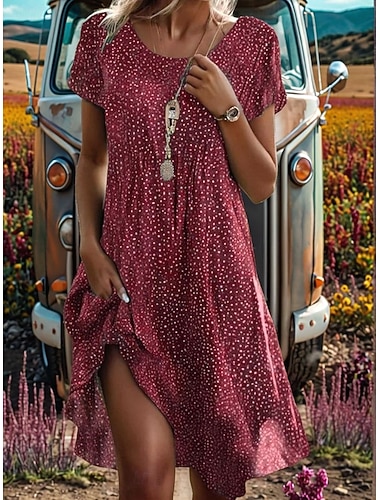  Damen Midi Kleid A-Linie Kleid T-Shirt Kleid Tee Kleid Athletic Kleid Lässig Urlaub Alltag Reguläre Passform Grafik Kurze Ärmel Rundhals Dunkelrot Pink Rot Bordeaux Sommer