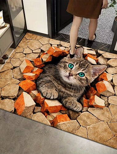  3D optická iluze rohožky s kotětem vykukujícím skrz cihlovou zeď, 2D plochý tisk, okouzlující a odolná uvítací rohožka pro dekoraci vstupu