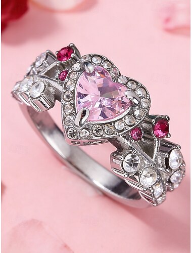  Damesring in hartvorm met roze edelstenen – gemaakt van legering, met roze en transparante stenen, elegant design – perfect voor bruiloften en Valentijnsdag.