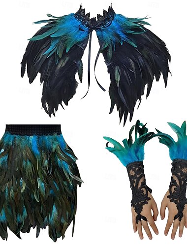  Karneval 2026 Rio Karneval Samba Tilbehør 3Pcs Kvinne Fjær Kostymesett Gotisk Fjær Kappe Sjall Mini Skjørt  Lange Blonde Håndleddsmanchetter Brasil Festivalopplevelse Kostyme