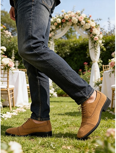  Herresko i svart brogue-skinn med vingetuppdesign, stilig bryllupssko, ideelt for forlovere og bryllupsgjester