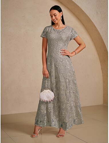  Damen Maxikleid A Linie Kleid Elegant Abendgesellschaft Schnürung Pailletten Blumen Kurzarm Rundhalsausschnitt Hellgrau