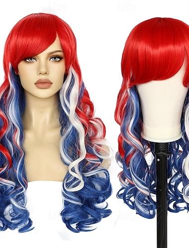  Perruque costume du 4 juillet perruque bouclée rouge blanc et bleu pour fête cosplay femmes perruque patriotique pour les élections