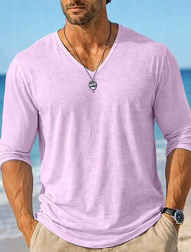  Pánské Tričko Top Tričko s dlouhým rukávem Lněné tričko Dlouhý rukáv Do V Léto Jaro Jaro léto Pevná barva Bez vzoru Denní Na běžné nošení Pouliční styl Jednoduchý Ležérní Venkovní ulice Světle modr