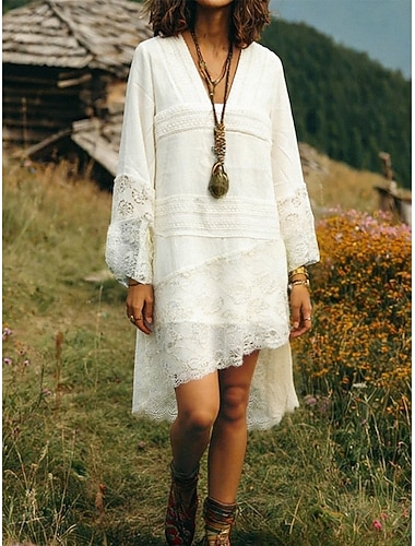  Damen Knielanges Kleid Weißes Kleid Spitzenkleid Elegant Mode Modern Täglich Outdoor Urlaub Normale Passform Einfach Ärmellos V Ausschnitt Weiß Frühling Herbst