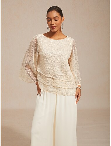  Dames Blouse Kanten topjes Pailletten Illusie Effen Kleur Elegant 3/4 mouw Bel Strakke ronde hals Dagelijks Bruiloft gast Vakantiekleding Beige Zomer Lente Herfst