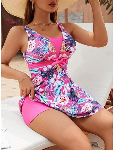 نسائي ملابس السباحة تانكيني 2 قطعة عالي الخصر ملابس السباحة بدون ظهر العطلة ملابس الشاطئ ورد الرسم V رقبة بدون كم بدلة سباحة