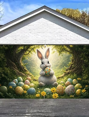  Osterdekoration für Garagentore, niedlicher Hase mit bunten Eiern in einem verwunschenen Garten, festliche Osterdekoration für Feierlichkeiten im Freien, perfekt für Frühlingsfeste