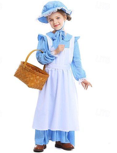  250 שנה לארה"ב המאה ה 19 שנות ה-1800 שמלת ערבה סט מצנפת וסינר שרוולים ארוכים נערת חלוצה קולוניאלי חָלוּץ מלחמת העצמאות פרחוני תחפושות בנות האלווין (ליל כל הקדושים) קרנבל 4 ביולי בגדי ריקוד ילדים