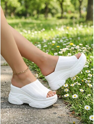  Mulheres Casual Diário Caminhada Plataforma Salto Plataforma Dedo Aberto Esportivo Casual Minimalismo Tecelagem voadora Sem Atacadores Preto Branco