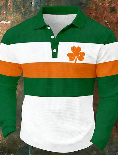  Camisas Polo Masculinas para o Dia de São Patrício Trevo Waffle Camisas de Manga Longa Camisas de Gola Casual Vestuário Diário Traje de Festival Botões Primavera Outono Inverno Verde