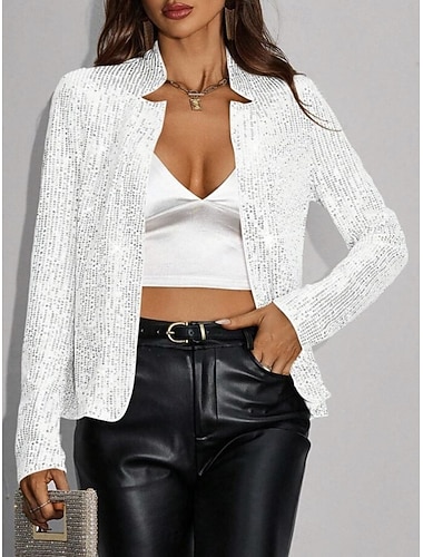  Damen Blazer Freizeitjacke Bequem Patchwork Pailletten Mode Lässig Einfarbig Lässig Party Alltagskleidung Ausgehen Kurz Stehkragen Normale Passform Langarm Oberbekleidung Schwarz Weiß Champagner