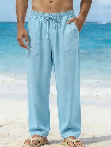  Homme Pantalons en Lin Pantalons Pantalon d'été Pantalons Amples Cordon de serrage Taille Élastique Jambe Droite Uni Confort Respirant Longueur complète Quotidien Plage Fête Vacances Mode Bleu Noir