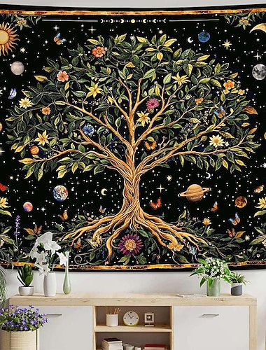  Livets tre billedvev veggteppe himmelsk sol måne planeter galakse stjerner psykedelisk boho hippie veggkunst hjemmedekor til soverom