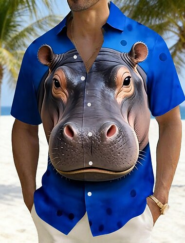  Homme Animal Drôle Hippopotame Chemise Chemises hawaïennes Chemise Aloha Manche Courte Hawaïen Vacances Fête Été Col Rabattu Impression 3D Une poche avant Chemise en lin Bleu