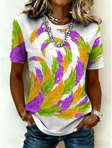  Carnaval Dames T-shirt Afdrukken Grafisch Veer Vintage Modieus Stijlvol Korte mouw Strakke ronde hals Normale tops Dagelijks Zwart Wit Zomer Lente