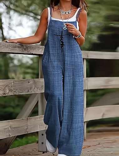  Damen Overall Aktiv Grafik Ärmellos Weites Bein U-Ausschnitt Tasche Täglich Urlaub Normale Passform Blau Sommer