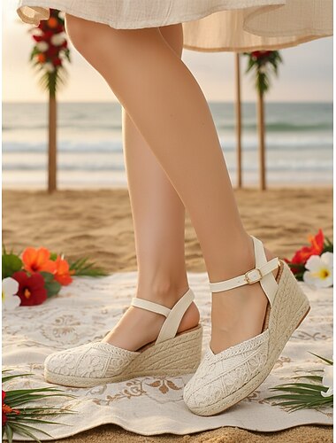  Белые кружевные эспадрильи на танкетке для женщин — элегантные сандалии на платформе с закрытым носком и ремешком на щиколотке, удобная летняя пляжная обувь для отдыха на курорте. &отдых на острове