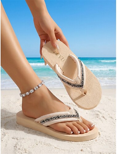  női csillogó strasszos papucsok - elegáns bézs színű tanga szandál kristály díszítéssel, kényelmes platformos strandpapucsok nyári vakációhoz, medence melletti pihenéshez &sziget utazás